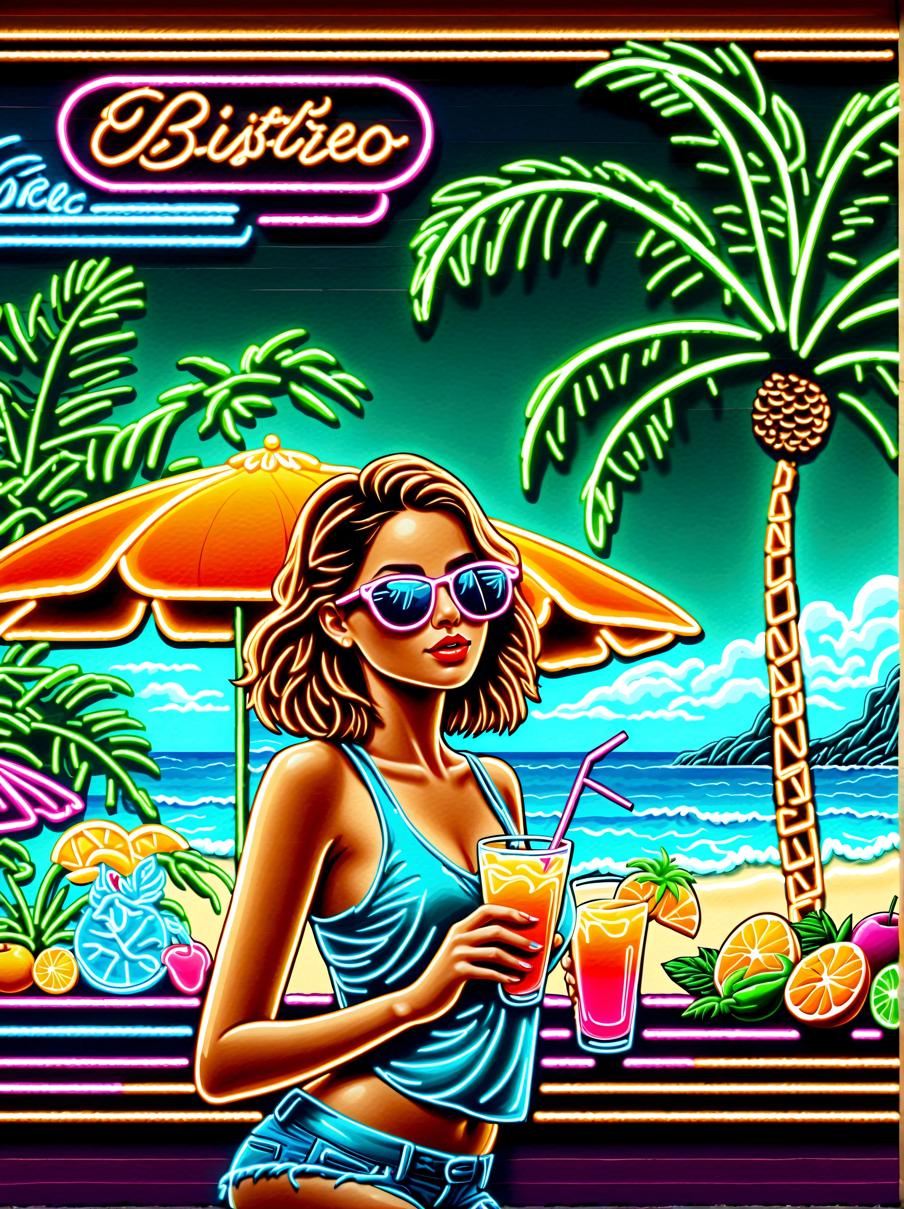 Neon，Shop sign，Tropical scene，Palm tree，Bistro，Fruit drinks，Sea，Cool *********** wearing sunglasses，发光的NeonShop sign，Ultra high saturation，Bright colors