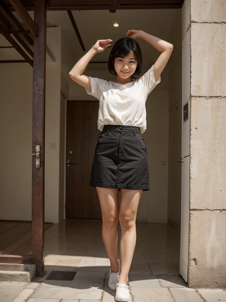 Full body Asian girl in a pose of joy sin fondo, estando ella cerca y con cabello realmente corto y ropa para editar