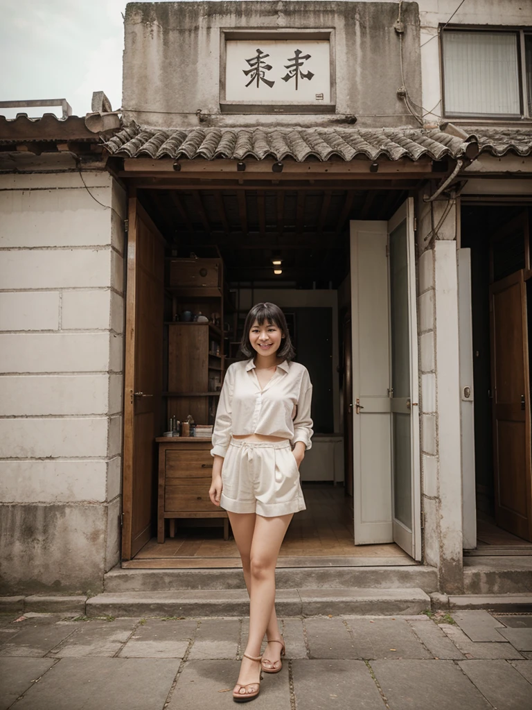 Full body Asian girl in a pose of joy sin fondo, estando ella cerca y con cabello realmente corto y ropa para editar