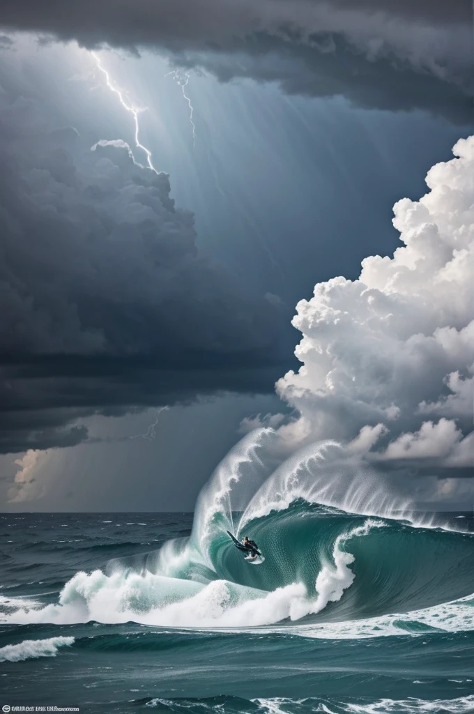 Image showing the ocean at stormy night. Muy oscuro, el cielo gris, con tornado,y olas grandes . The sea is rough. 
A lo lejos se encuentra la sombra  de una persona en un bote. Con la gran tormenta, la persona en el bote parece asustada. El estilo de arte surrealista 