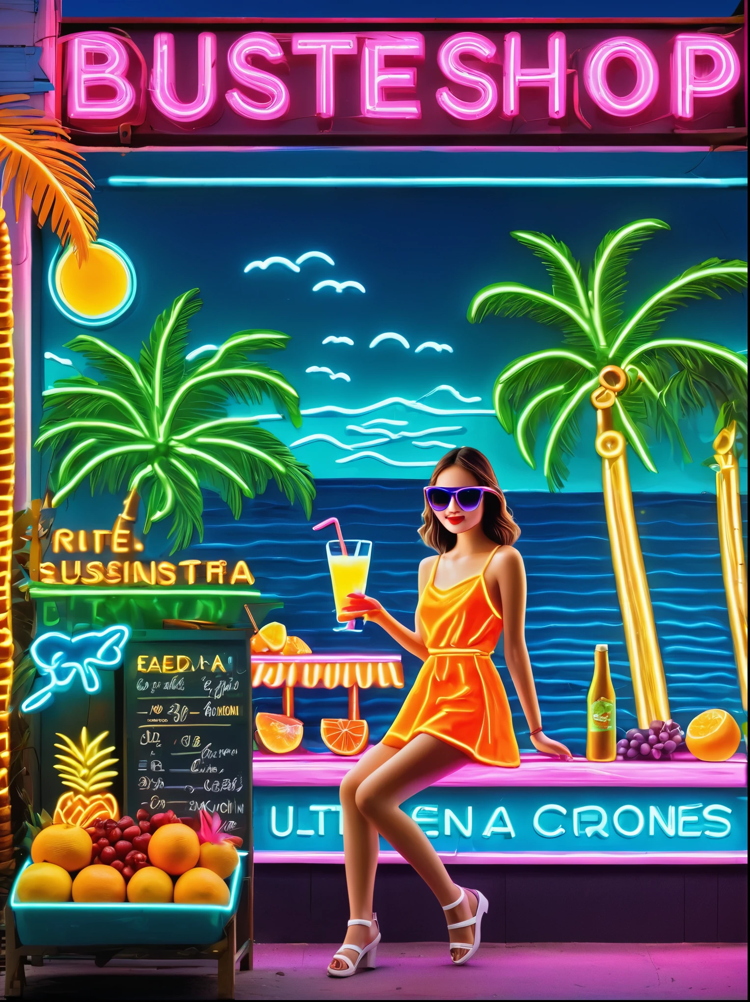 Neon，Shop sign，Tropical scene，Palm tree，Bistro，Fruit drinks，Sea，Cool *********** wearing sunglasses，发光的NeonShop sign，Ultra high saturation，Bright colors