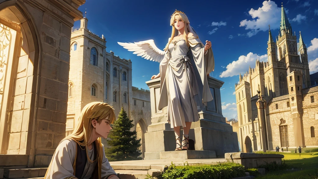 Angel in a scene of medieval European landscape, anime style, semi-realistic
