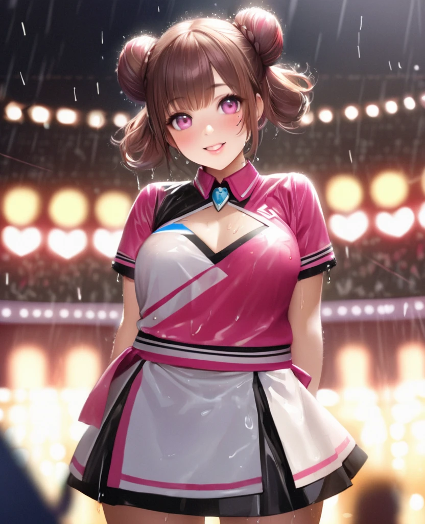 One Girl、Looking at the audience、lovely,
Beautiful pink eyes、Two brown double hair buns , Mole under the eye、Plump and glossy lips、Heart-shaped choca、Dance team uniformini skirt, Her name is May,smile、ー、。.。.。.。.。.。.。.。.。.。.。.。.。.。.。.。.。.。.3D、Realistic、
Dance team uniforms was soaked in the heavy rain, and her chest was wet and transparent.Heavy rain at outdoor concert, Drape clothes、gem、The decoration has been removed、Floral、Lace trim,On a glittering stage、
masterpiece、highest quality、8k、Detailed skin texture、Detailed cloth texture、Beautifully detailed face、Intricate details、Very detailed、
超A high resolution、8k Ultra HD、Film Grain、Best Shadow、delicate、Gazing at the audience、front