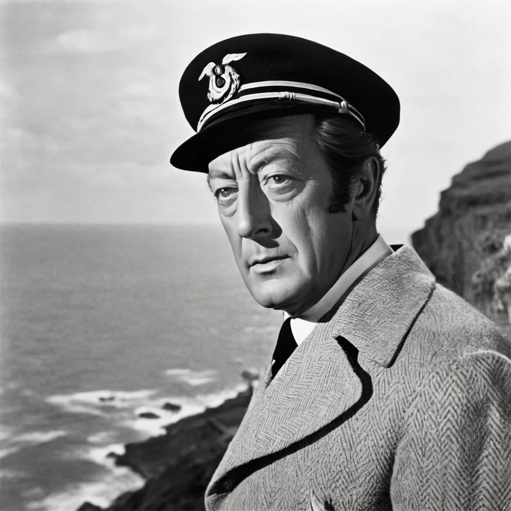 ghost actor rex harrison with a beard captain man, looks at the sea water from a cliff