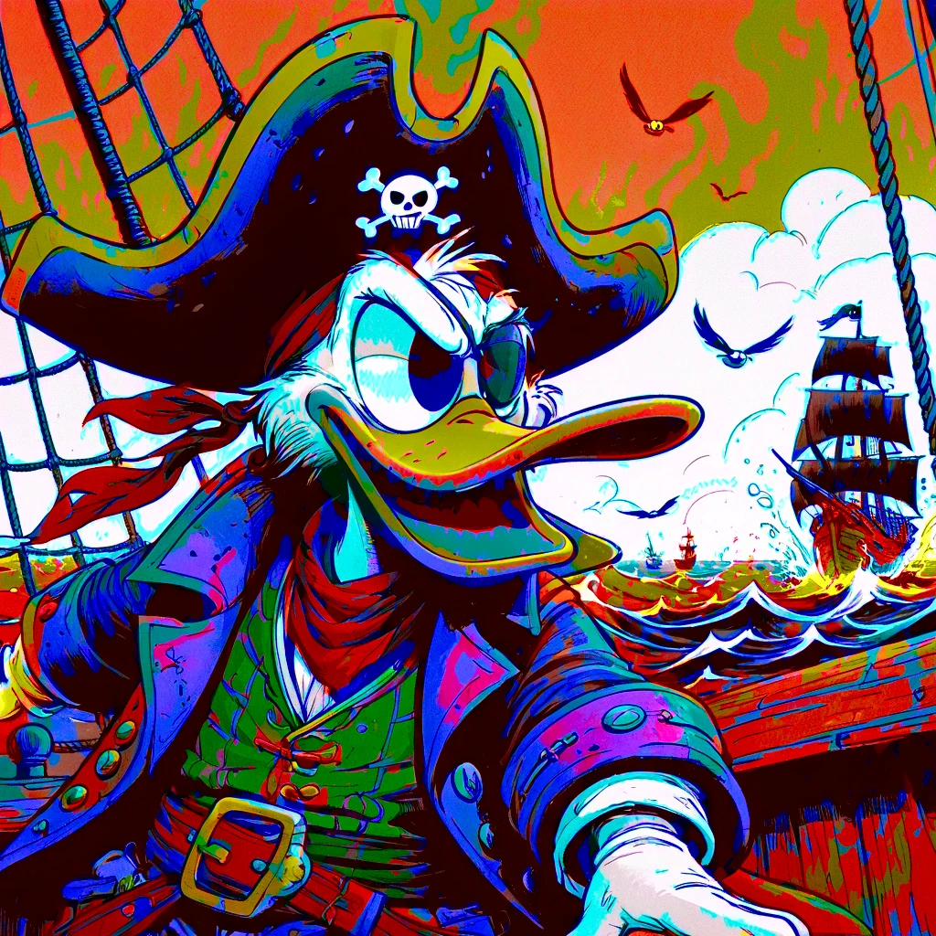 campy film hyperrealism hand drawn rotoscope, dark digital art style subtle american animation influence (sean gordon murphy, joelle jones) minimalism, abstract flourishes, wearing intense ultra violet technicolor roygbiv light across face, breathing fire, enjoy pleasure raging engulfed flames, rich color grading. candid pencil ink comic splash page, expressive hand drawn, prano bailey-bond lighting, unsettling. surreal David lynch, trippy, overwhelming, profound, Donald Duck, eye patch, wearing eye patch, pirate, hand drawn, comic, cartoon. flat, illustration, splash page