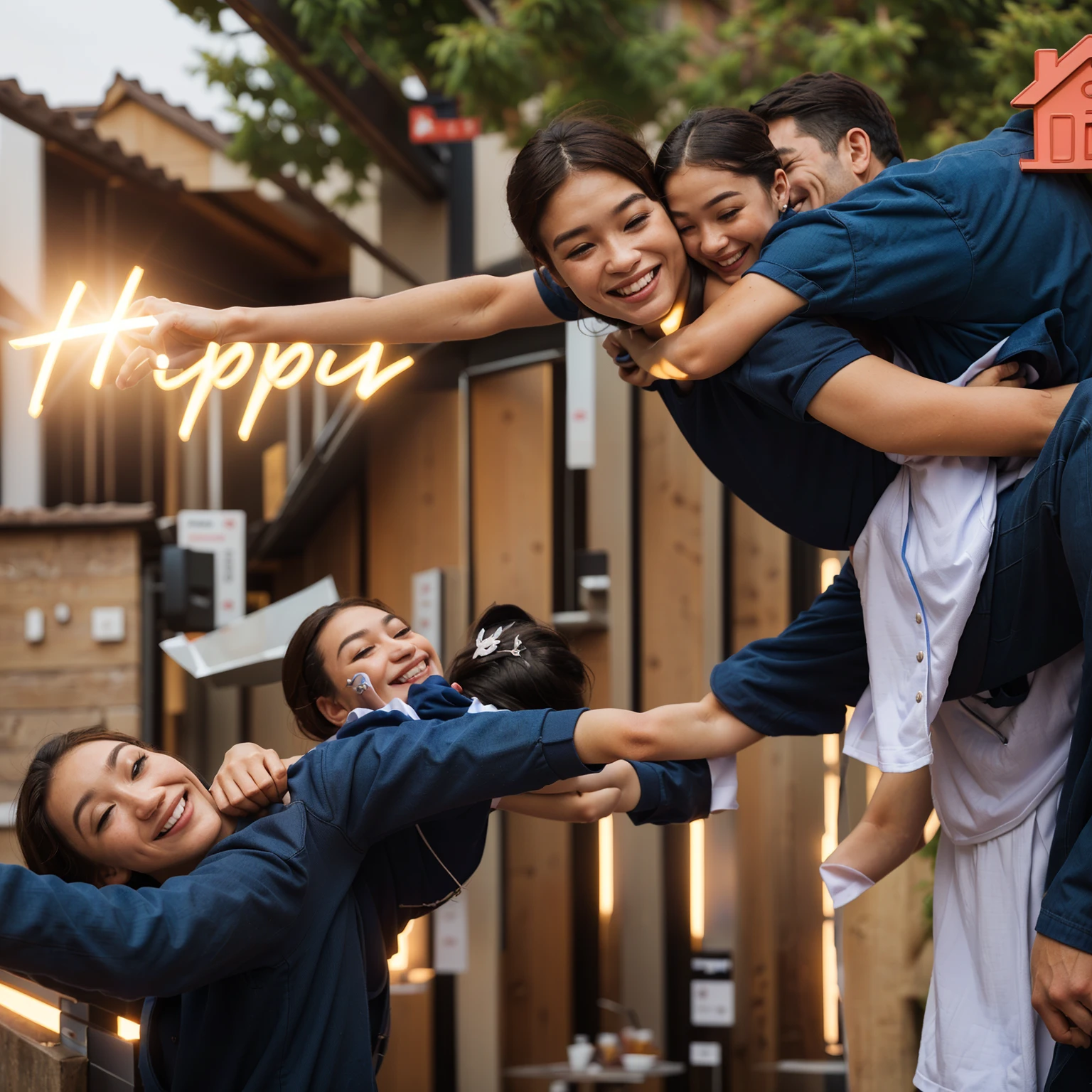 there is a man carrying his daughter on his back, she is happy, happy family, he is happy, happy people, happy ambience, happy feeling, happy girl, happy mood, ???, bright happy atmosphere, happy and beautiful, happy appearance, happy sunny day, 