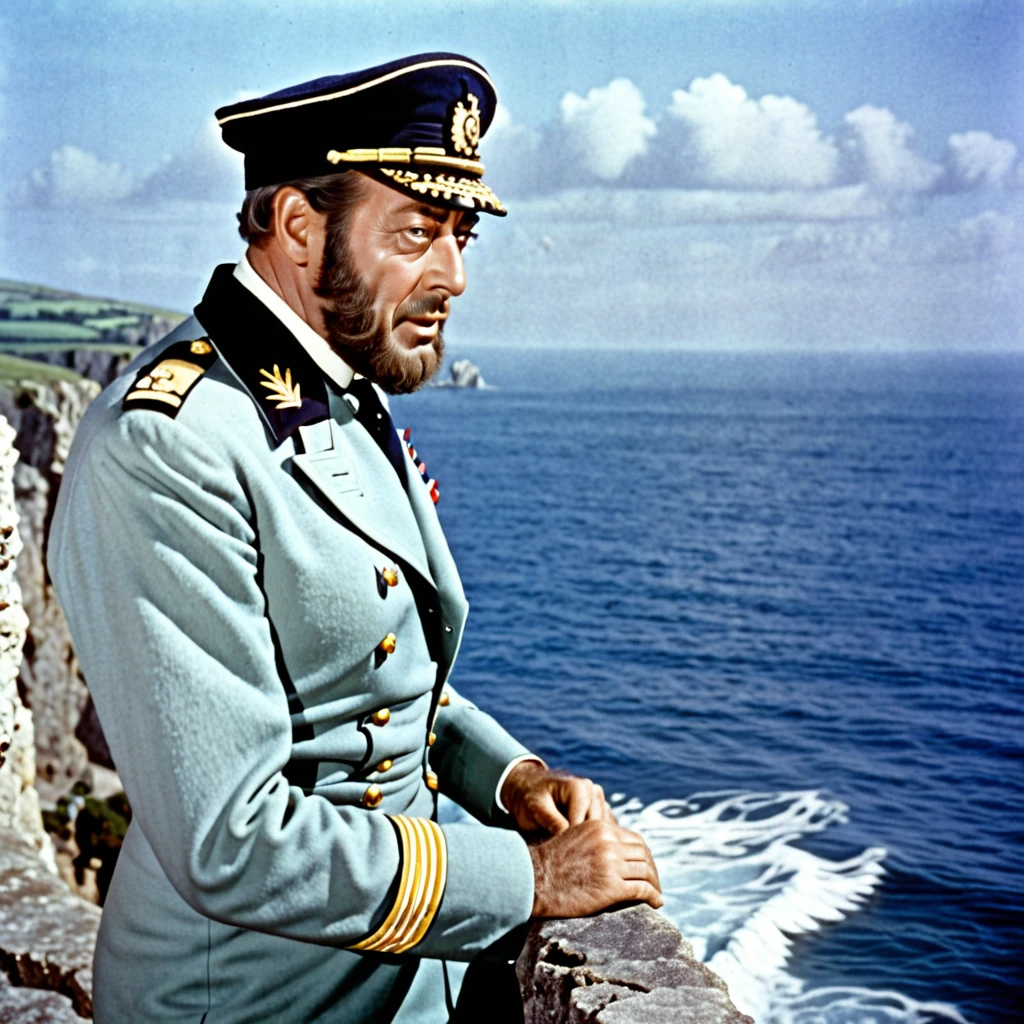 
ghost actor rex harrison with a beard captain man, looks at the sea water from a cliff