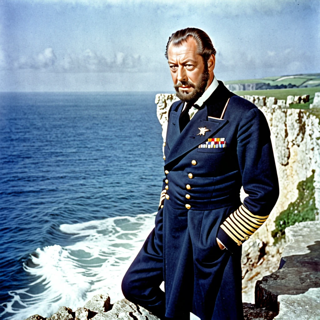 
ghost actor rex harrison with a beard captain man, looks at the sea water from a cliff