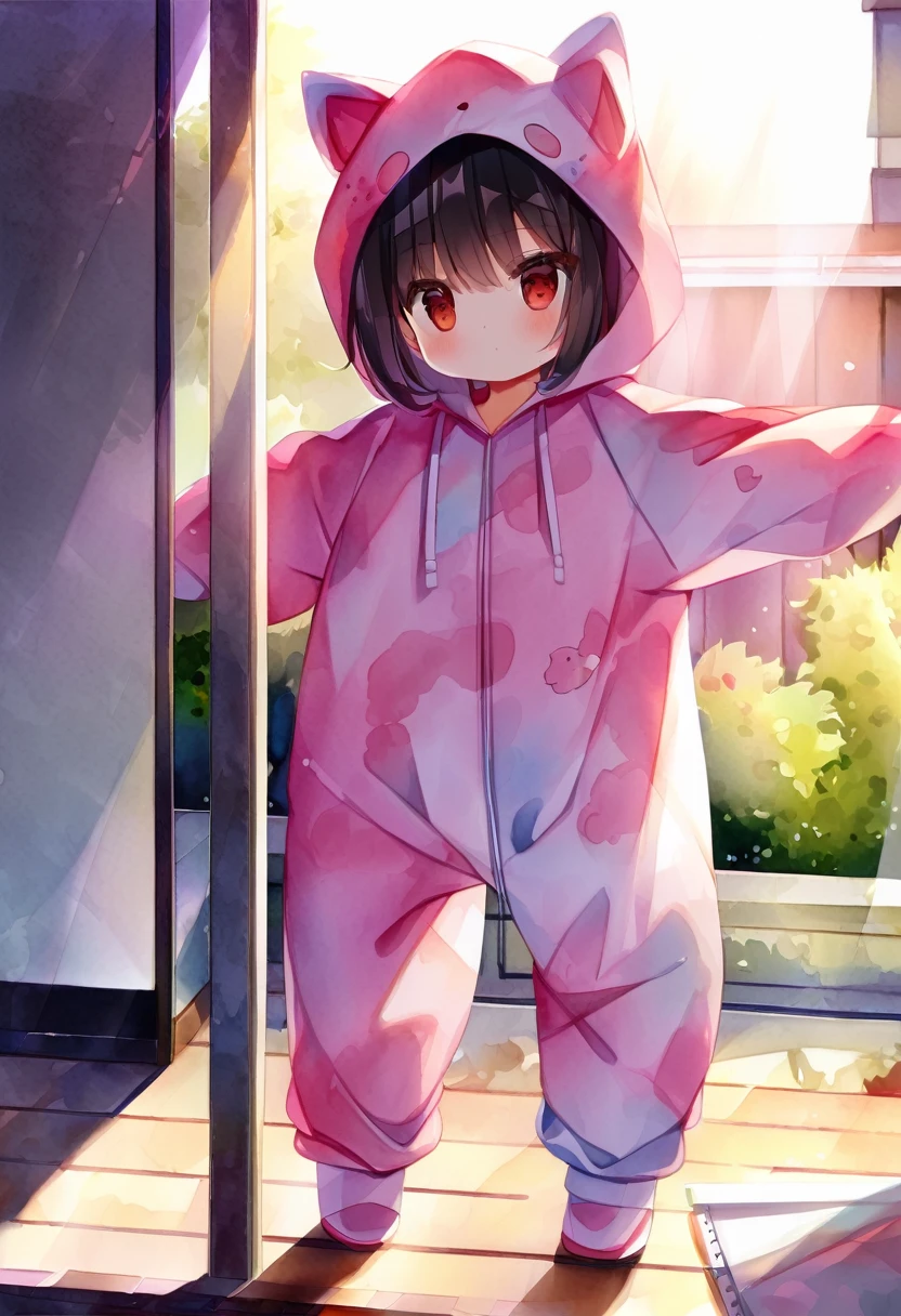 (chibi:1.2),kigurumi,watercolor,standing, sunlight, (work:1.2), 