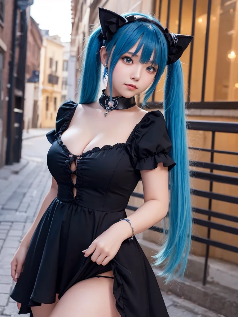 Masterpiece, best quality, ai-generated, cat girl
, Blue hair,cowboy shot,black dress, twin tail, curvy, 