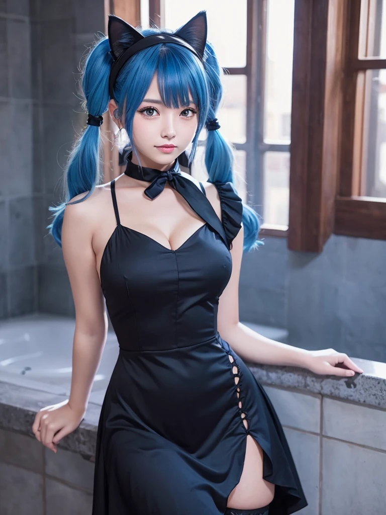 Masterpiece, best quality, ai-generated, cat girl
, Blue hair,cowboy shot,black dress, twin tail, curvy,