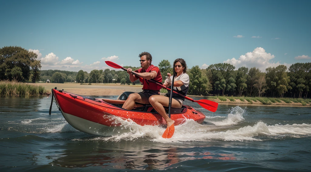 create an image of a motorized kayak with a very exaggerated engine and a barefoot farmer piloting the kayak in pixar style