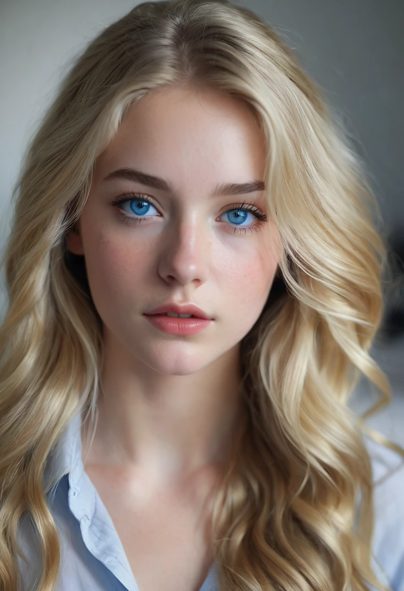 Create the portrait of a 21-year-old woman, in her room, long hair, blonde hair, wavy hair, blue eyes, long eyelashes, small eyes, upturned nose, marked cheekbones, white skin, thick lips, height 1.50 cm, with hyper realism as if it were taken with a Sony alpha 77 DSLR camera, with natural light