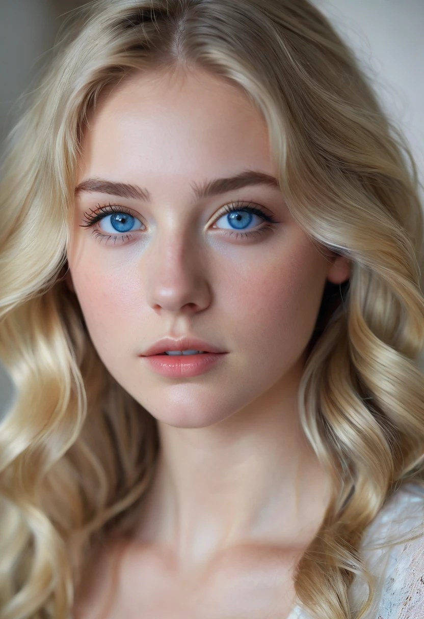 Create the portrait of a 21-year-old woman, in her room, long hair, blonde hair, wavy hair, blue eyes, long eyelashes, small eyes, upturned nose, marked cheekbones, white skin, thick lips, height 1.50 cm, with hyper realism as if it were taken with a Sony alpha 77 DSLR camera, with natural light