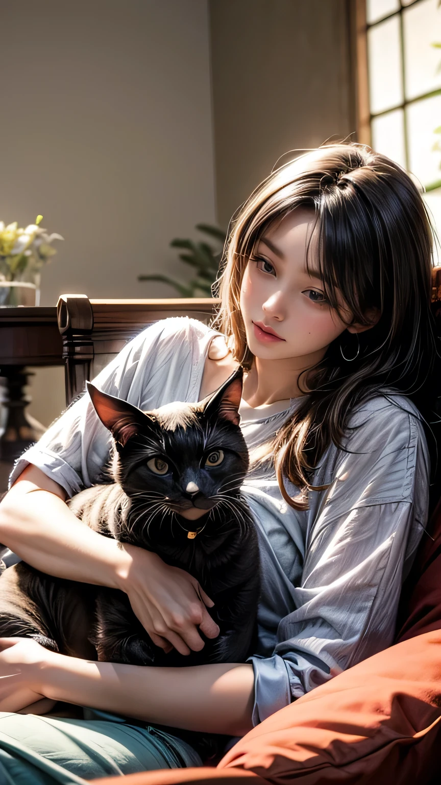 Woman with a cat on her lap, Age 25, Watching a sleeping cat