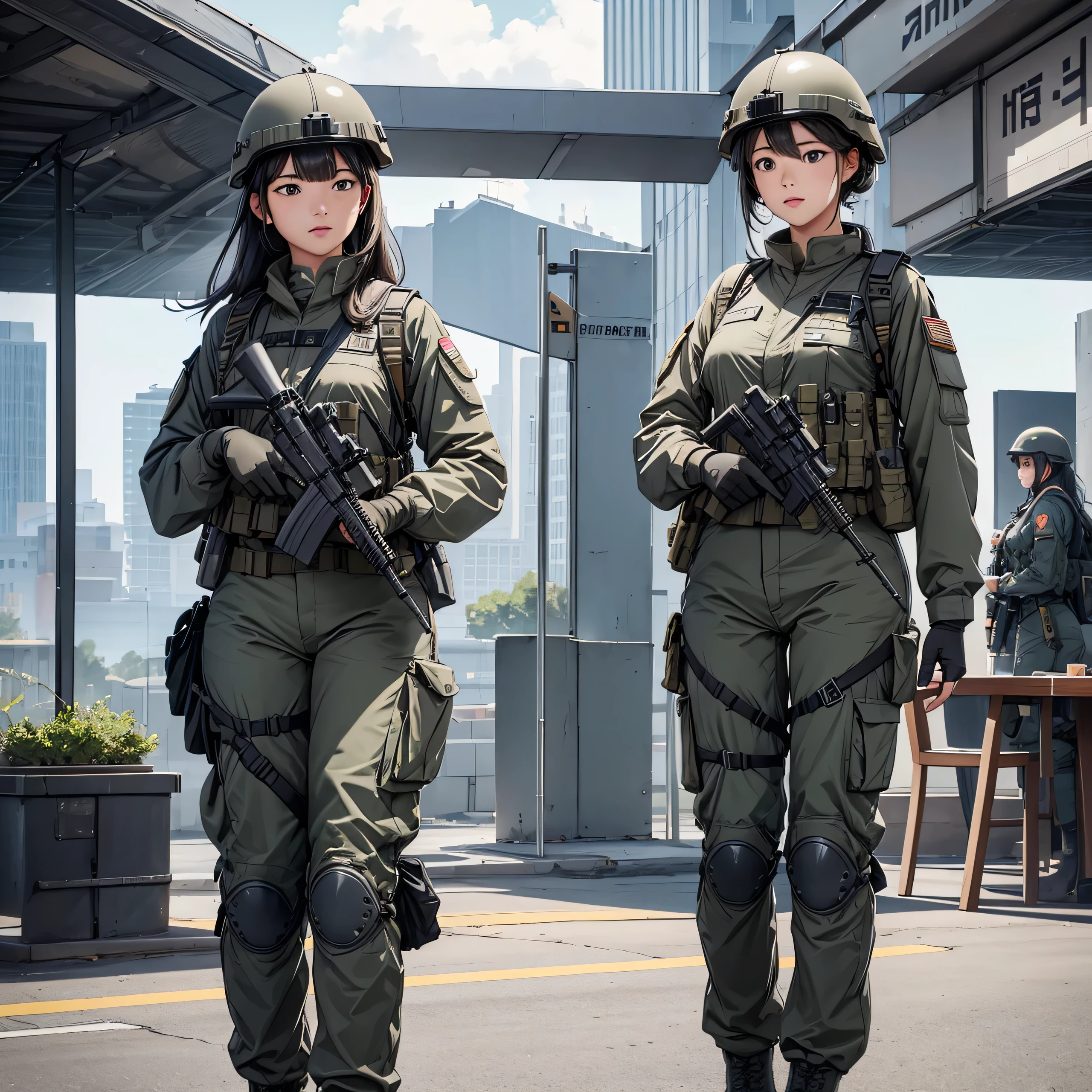 First-person perspective、Three female soldiers in helmets、All in grey M-51 uniform、Military Pants、Magazine Pouch、See the crotch、Office Building、Write details、masterpiece、best quality、Highly detailed CG、8K picture quality