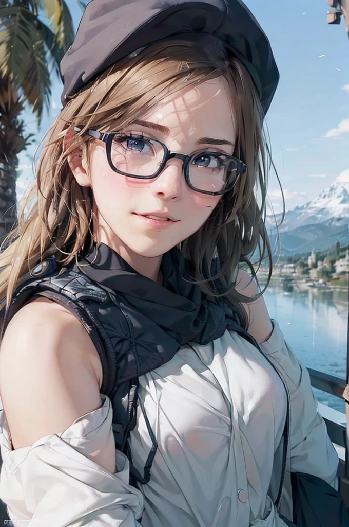 最high quality, high quality, High resolution, high quality texture, high quality shadows, High resolution, Beautiful details, Detailed CG, Detailed Texture, Realistic representation of face, Realistic, colorful, delicate, Cinematic Light, Side light, Lens flare, Ray Tracing, sharp concentrated, (1 Girl,concentrated:1.3), ( Intricate details, compensate, PureErosFaceV1:0.5), (細部まで美しいdelicateな顔, 緻密で美しいdelicateな瞳, Perfect Facial Proportions, Dense skin, Optimal ratio of four fingers to one thumb, Modest chest, Beautiful Hips, Smooth upper abdomen, blue eyes , glasses ,White shirt, mountaineering pants ,trekking shoes, work cap, Switzerland, Tour du Mont-Blanc, long trail, buzzer, blue sky,trekking backpack ,long trail ,adventure journey ,the gaze of true love, lips of temptation, A look full of compassion ,a smile full of love, i love you, Acting lovey-dovey, waist up, 35 years old, hiking,house wife,show off nipples under white shirt, air fortress hair, blonde hair