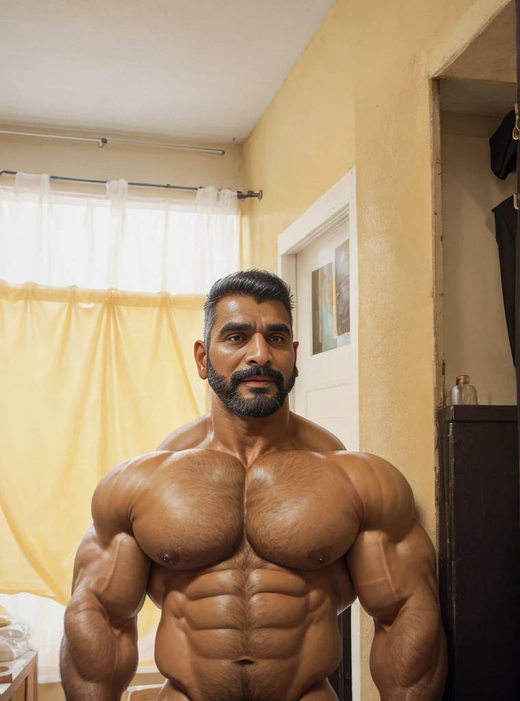A handsome mature old Indian dad with a massive beard and no shirt standing in front of a door,baldy haircut, hyper muscular, pumped, roids, huge pecs, arms, biceps, shoulders, male focus, centered, tan skin, bodybuilder, meticulous muscle definition, detailed face, big sexual energy, (38 years old)