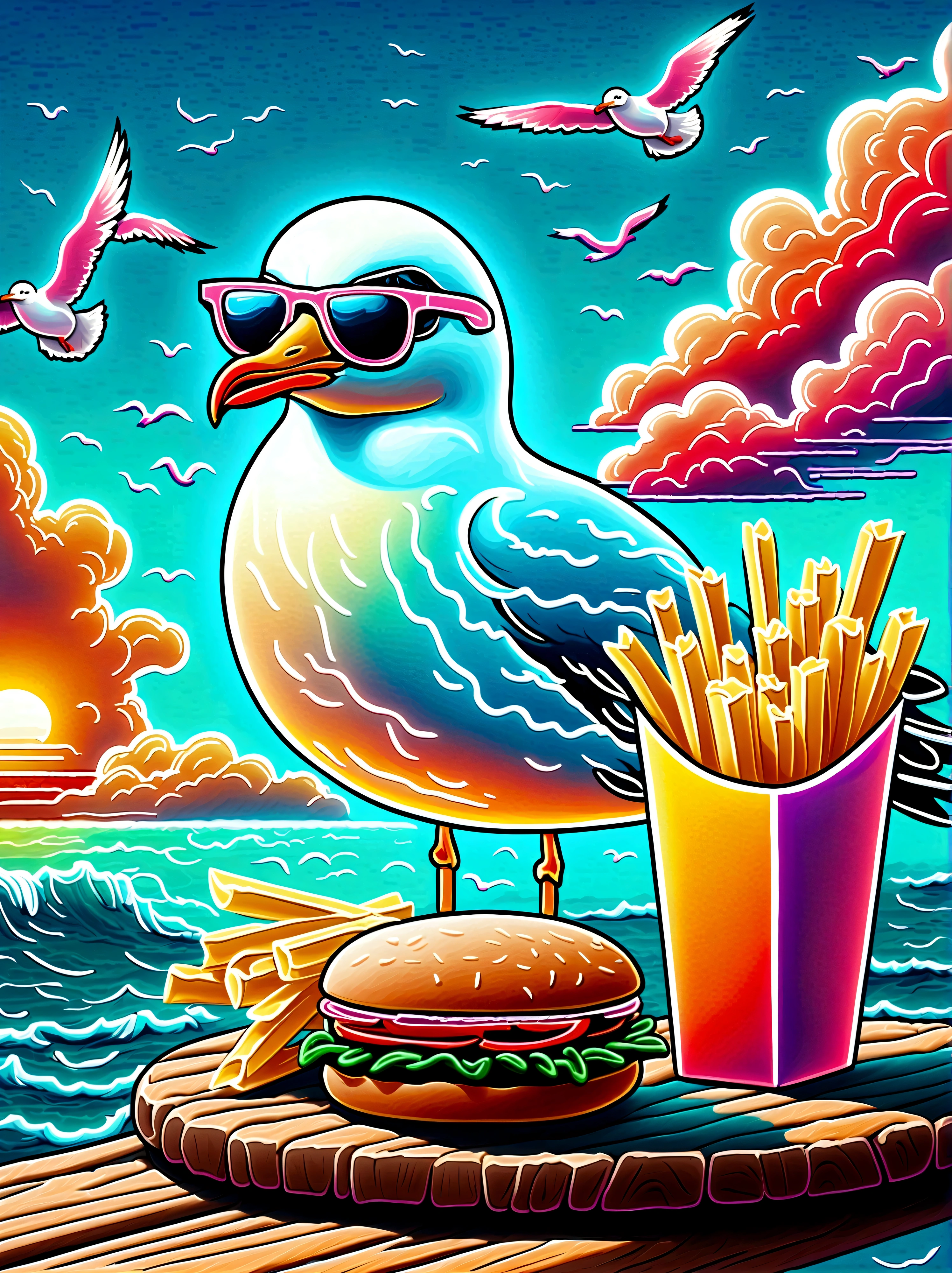 Neon，illustration，A seagull stealing French fries，on wooden pier，ocean，Another cool seagull wearing sunglasses，Clouds，sunny，发光的Neon招牌，Ultra high saturation，Bright colors