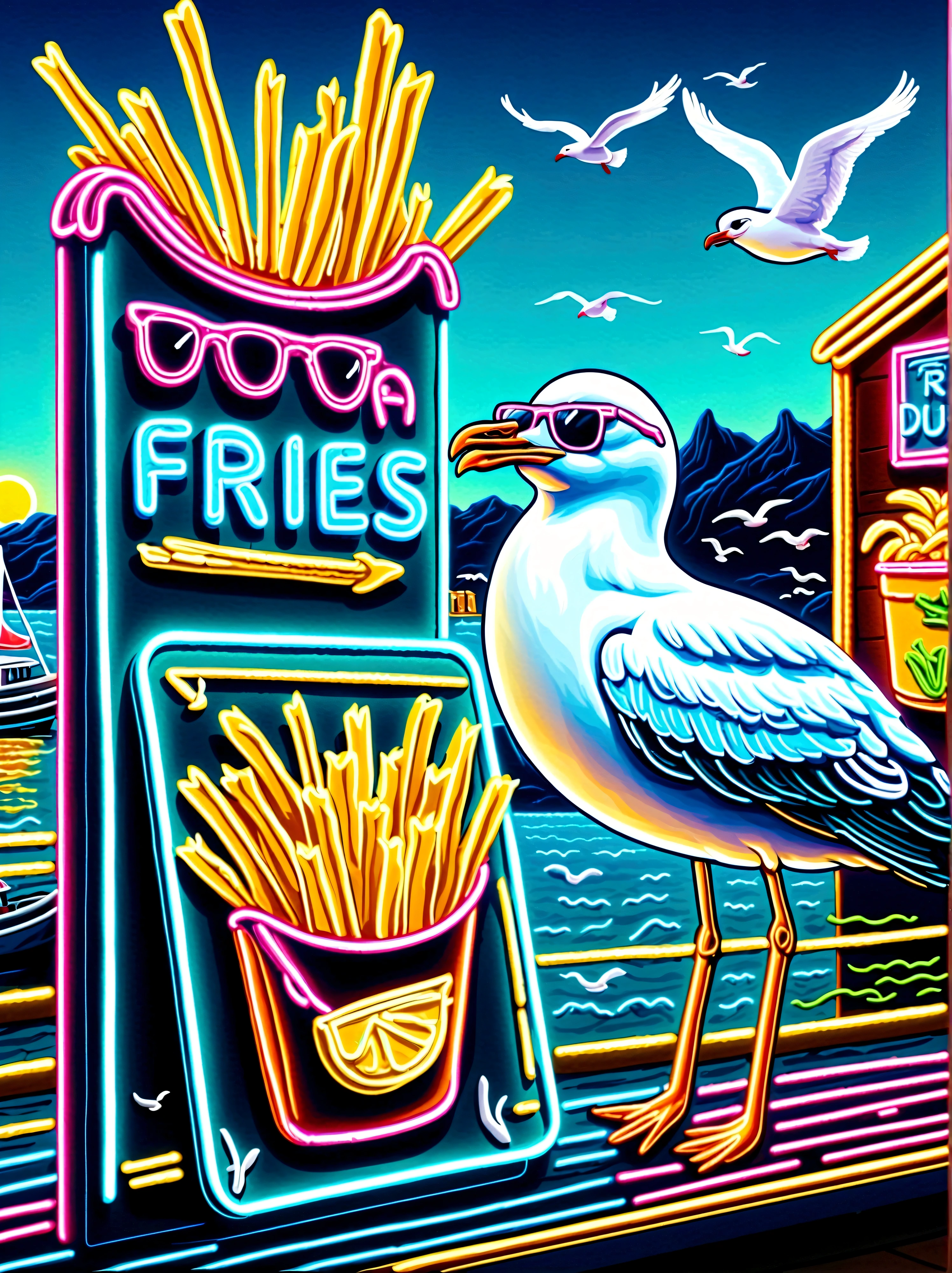 Neon，Shop sign，Dock scene，Chip Shop，sailboat，Cool seagull wearing sunglasses，(Stealing French fries)，发光的NeonShop sign，Ultra high saturation，Bright colors