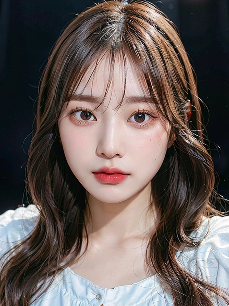 high resolution、high quality、20 year old Korean girl photo, born, Beautiful woman, (Very long wavy blonde hair), ((Portraiture)), ((Detailed face:1.2)), ((Detailed face、Characterized by finely textured skin), Pale skin, , (Cold colors), Moist, Moist, Reflector stay piece) (Perfect Proportions)(Photo Real)(最high quality) Photographed with Canon EOS R5, 50mm lens,(8k), Focus on the face、Face close-up、Only the face、Upper body、very long upper eyelashes、Very long lower eyelashes、Fine lashes、Curled eyelashes、eyelash perm、Beautiful eyelashes, Glamorous makeup、Natural Eyes、Double Eyelids、very beautiful eyelashes