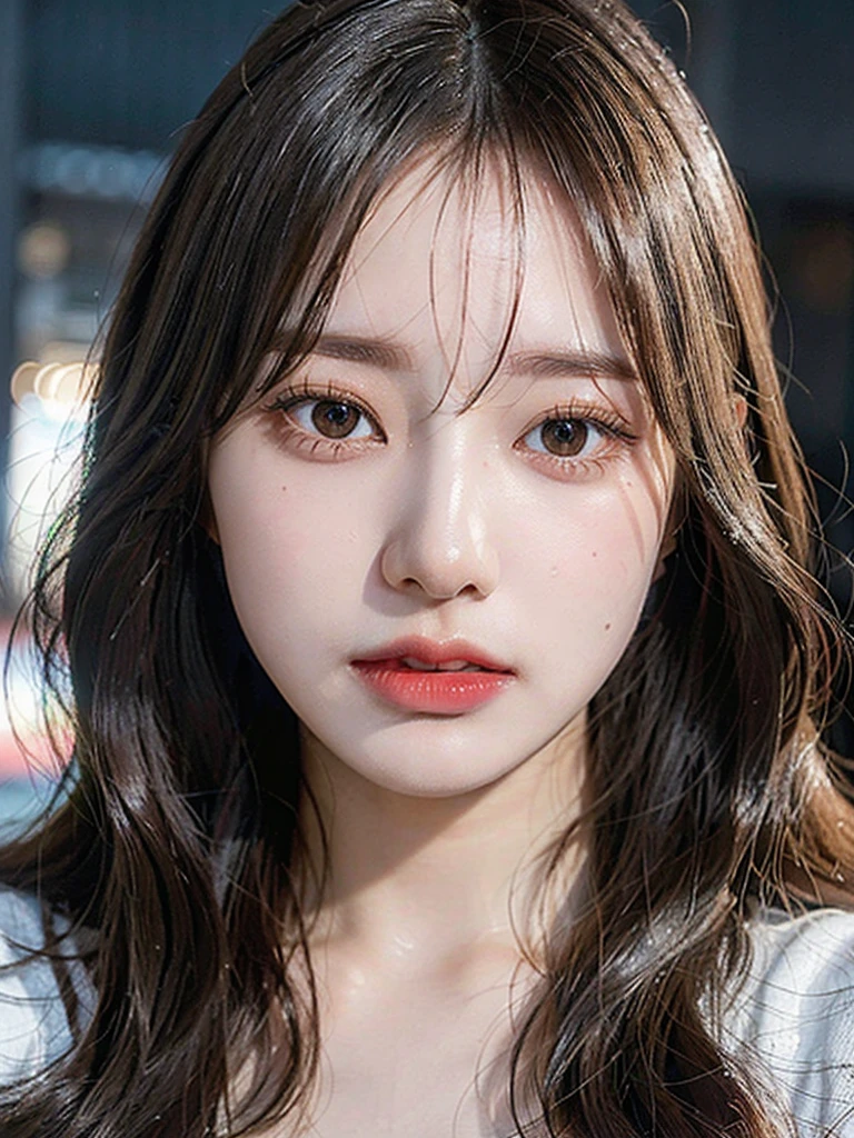 high resolution、high quality、20 year old Korean girl photo, born, Beautiful woman, (Very long wavy blonde hair), ((Portraiture)), ((Detailed face:1.2)), ((Detailed face、Characterized by finely textured skin), Pale skin, , (Cold colors), Moist, Moist, Reflector stay piece) (Perfect Proportions)(Photo Real)(最high quality)  Photographed with Canon EOS R5, 50mm lens,(8k), Focus on the face、Face close-up、Only the face、Upper body、very long upper eyelashes、Very long lower eyelashes、Fine lashes、Curled eyelashes、eyelash perm、Beautiful eyelashes, Glamorous makeup、Natural Eyes、Double Eyelids、very beautiful eyelashes