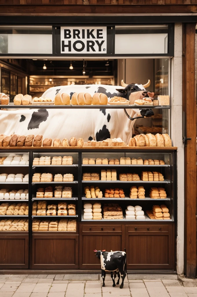 Make a picture of a bakery with a cow entering