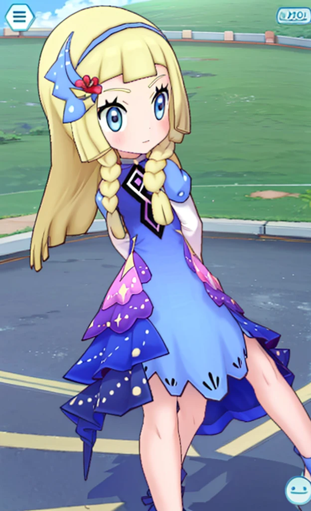 masterpiece,best quality,1 girl,solo,blush with embarrassment,Lillie,Pokémon,White Pleated Dresses,White clothes with light blue collar,Pokémon風の画風,(boldline:1.6),(deluster:1.5),(flat:1.5),ponytail