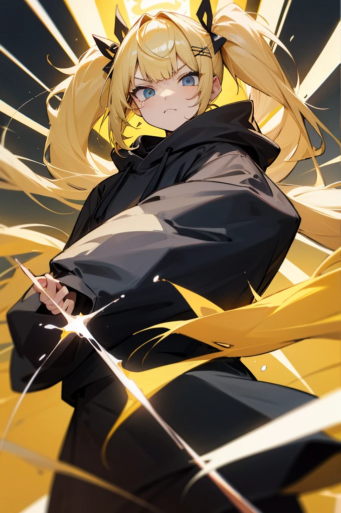 light yellow haired girl、Huge twintails、Bangs are divided into seven parts、Black hoodie、Ribbon hair ornament、cool expression、glaring
