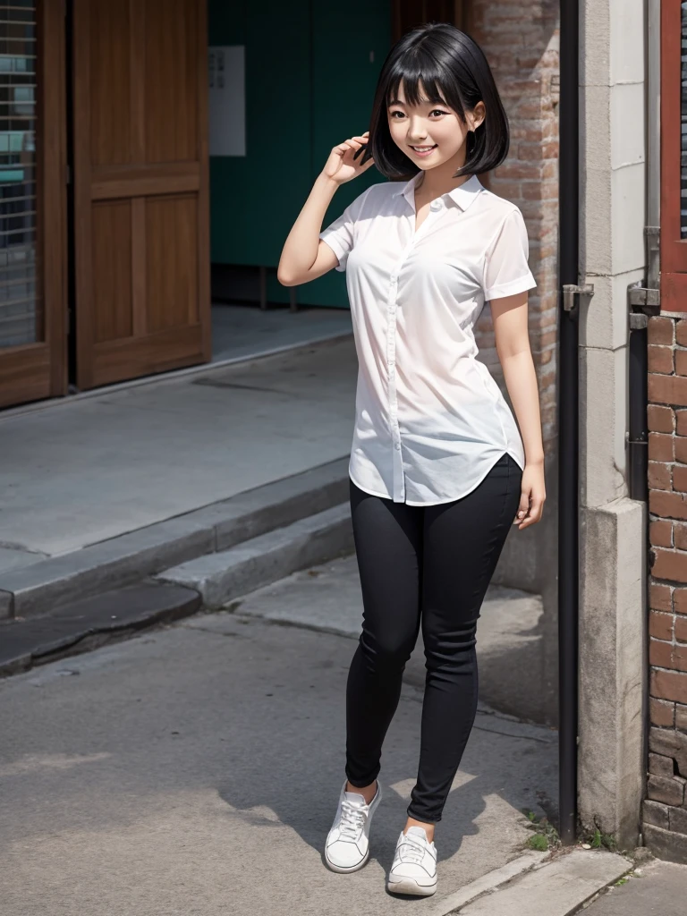 Full body Asian girl in a pose of joy sin fondo, estando ella cerca y con cabello realmente corto y ropa para editar 