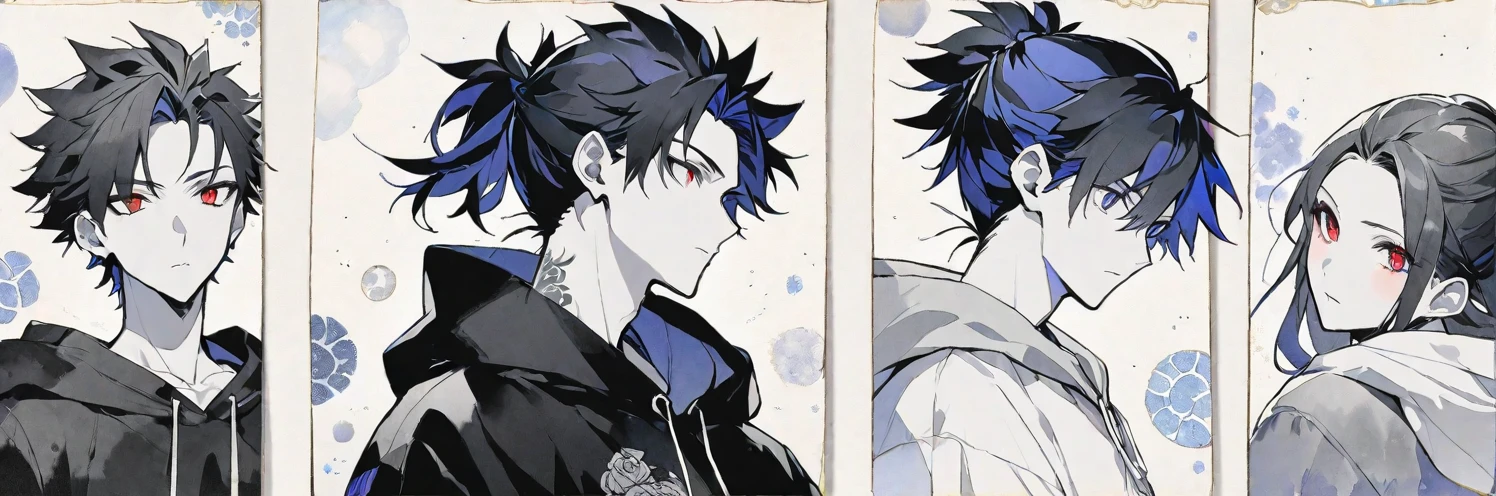 solo, handsome, Monochrome,watercolor,1 male, Ponytail, Braided black hair, red eyes, Gojo Satoru,casual,Blue Rose Tattoo,black Oversized hoodie,casual,Stylish,cool,Twelve Zodiac Signs,God,
blackbackground,icon,Despise face up