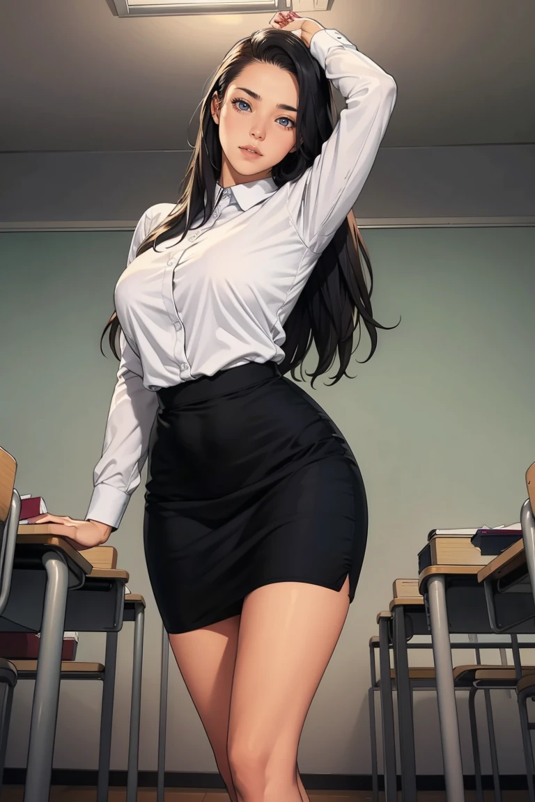 1 female, teacher, straight black very long hair, thick eyebrows, large breast, wearing long sleeve white shirt and black pencil skirt, black heels, front view, view from below, fullbody shot, inside empty classroom, blushing, embarrased, eyes half open, standing, open mouth wide, watching her black phone, 