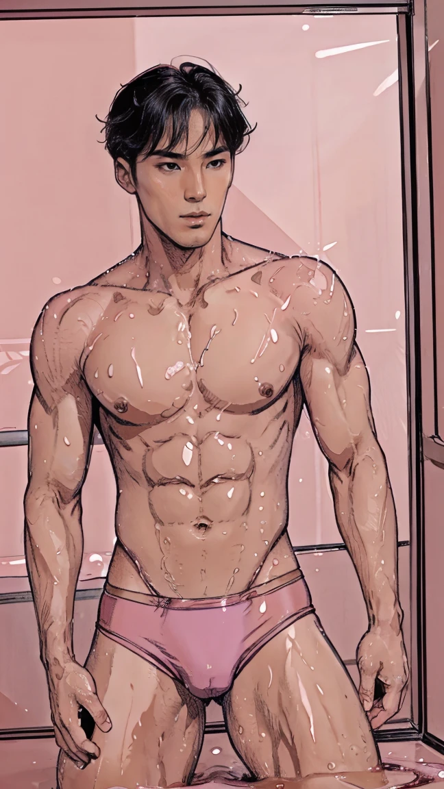 Handsome, tall, Korean man, pecs, slim legs, sexy pink mauve underwear brief bikini, gorgeous, Wolf curtain hairstyle, Wet Body, bulge, Humping back pose, Humping in a ground, Showercore, Comic Artstyle 2D