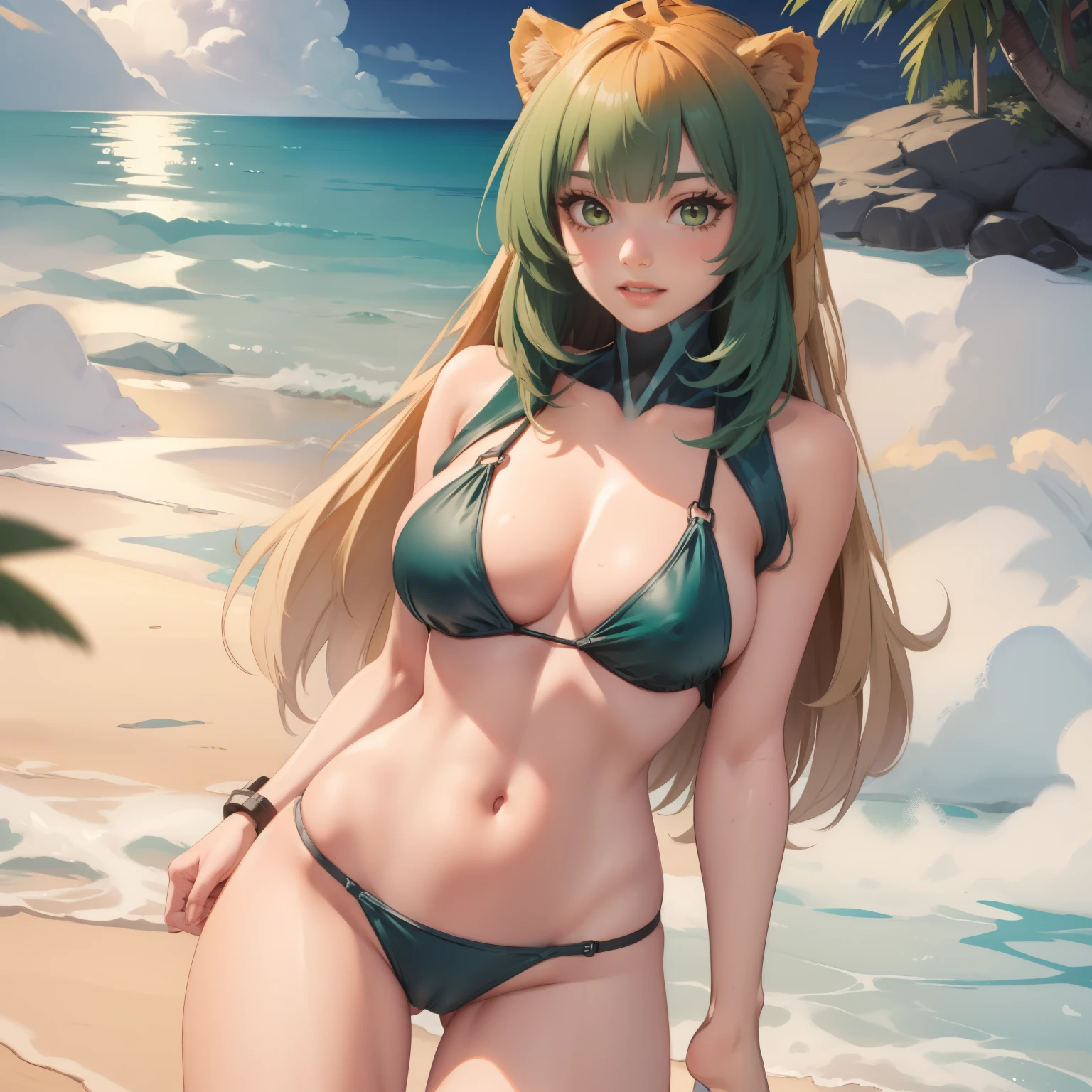 atalanta. 30 year old single woman. cabello rubio con verde, orejas de gato, ojos verdes como esmeraldas, pechos grandes desnudos desnuda fondo una playa tropical. gotas de agua en su pecho.