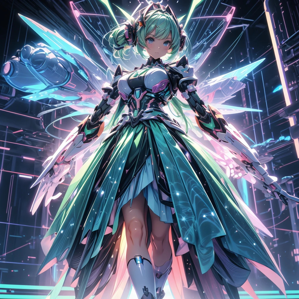 Anime-style illustration of a girl with pastel green hair doing an airborne beam sword action. Created by FuturEvoLab, (X-Ray Style: 1.5), detailed explanation, (Mecha flare type skirt: 1.5), This is a scene where a girl captures her movements.. Dynamic aerial combat and performance with movement and intensity. Mechanical Wings, Futuristic Mech, Another Dimension Cyberpunk, Shining Core Reactor, Etheric Energy Field, Bright colors, Intricate details, movie