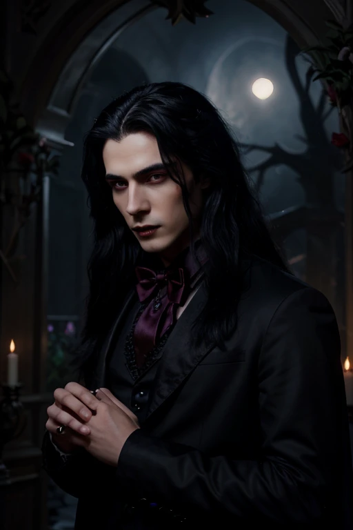 Lovely young handsome hetero Man Jinx Edward vampire with super big indigo eyes and gems and long black hair, with nice and delicate face, in a dark gothic magic castle with annie and claudia and Lestat, in Red Rose manor. Terror ambient. The more handsome man in the world. Night storm. Gothic scene. Cats eyes.