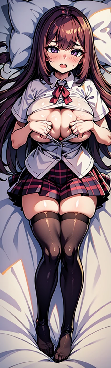 (Highest quality,4K,8k,High resolution,masterpiece:1.2),Highest quality,masterpiece,Detailed face,Masterpiece,Best Quality,(Super Detail),perfect writing, Highly detailed CG,Super detailed,(Highly detailed eyes,Very cute face,Highly detailed face:1.5),Beautiful Anime Girl,(Solo Girl),(Super huge boobs:1.4),(super huge breasts:1.4),(Sensual,Glamorous:1.4),(pink,very Long Hair,wave),(Big light purple eyes),Collared shirt,short sleeve shirt,Pleated skirt,lying on the bed,on back,school tight,pink pillow , pleated skirt, zettai ryouiki,high resolution,heart shaped pupils, plaid skirt, black stocking,claw pose,lie on bed,liying , full body , toe,full body seen,full-face blush,sexual climax,Young features,(:1.4),Elementary school girls,Close one eye, With tears in her eyes and her mouth open,open mouth,