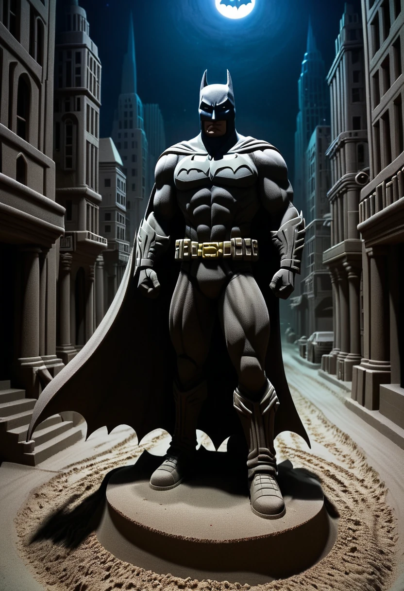 Sand sculpture style, Batman patrols Gotham City at night,Dark Knight silhouette,shadowy alleys,It's full of tension。