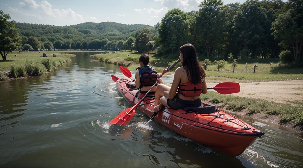 create an image of a motorized kayak with a very exaggerated engine and a barefoot farmer piloting the kayak in naruto style