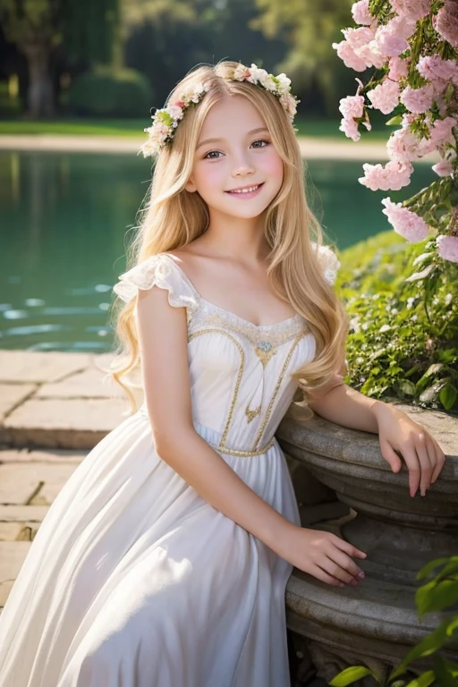 A 6-year-old beautiful girl painted in an oil painting style reminiscent of an impressionist painting. She is fair-skinned and With long blonde hair. Wearing gorgeous Rococo costumes. Gentle mouth. The backdrop is a magnificent, gorgeous, cinematic palace. Gentle light Garden. She is looking at me and smiling.
and dark theme. lake. A pure white dress.