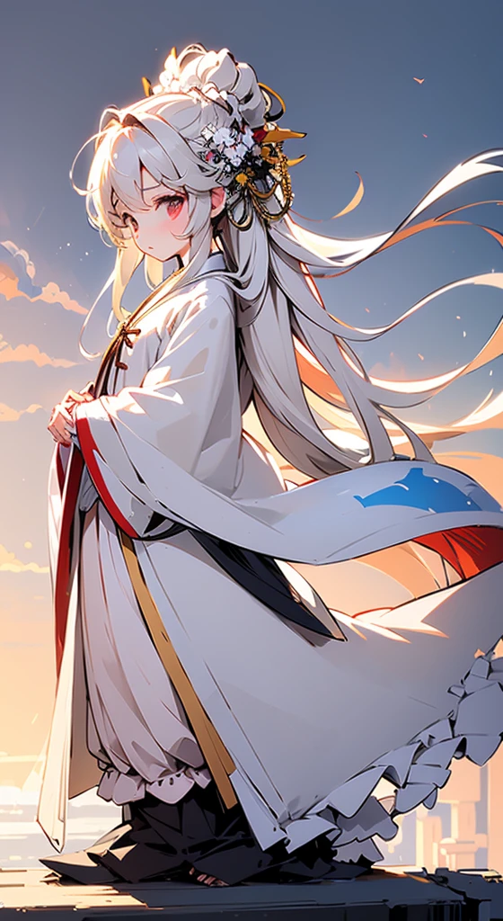 Full body image,A cute little Lolita in a white Taoist robe,White long hair
