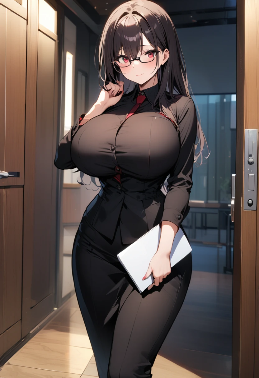 1 girl,black long hair,huge breasts,black suit,red eyes,wide hips,curvy,glasses,holding a folder with her right hand,entrance