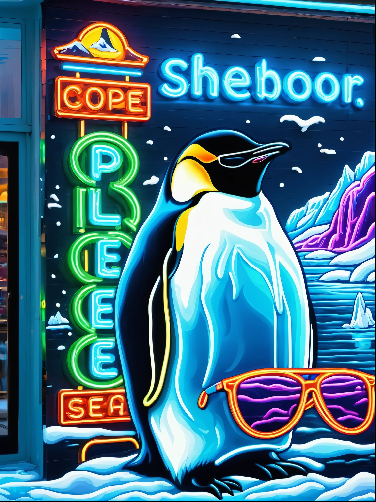 Neon，Shop sign，Antarctic Scene，iceberg，Sea，Cool emperor penguin wearing sunglasses，发光的NeonShop sign，Ultra high saturation，Bright colors，High height