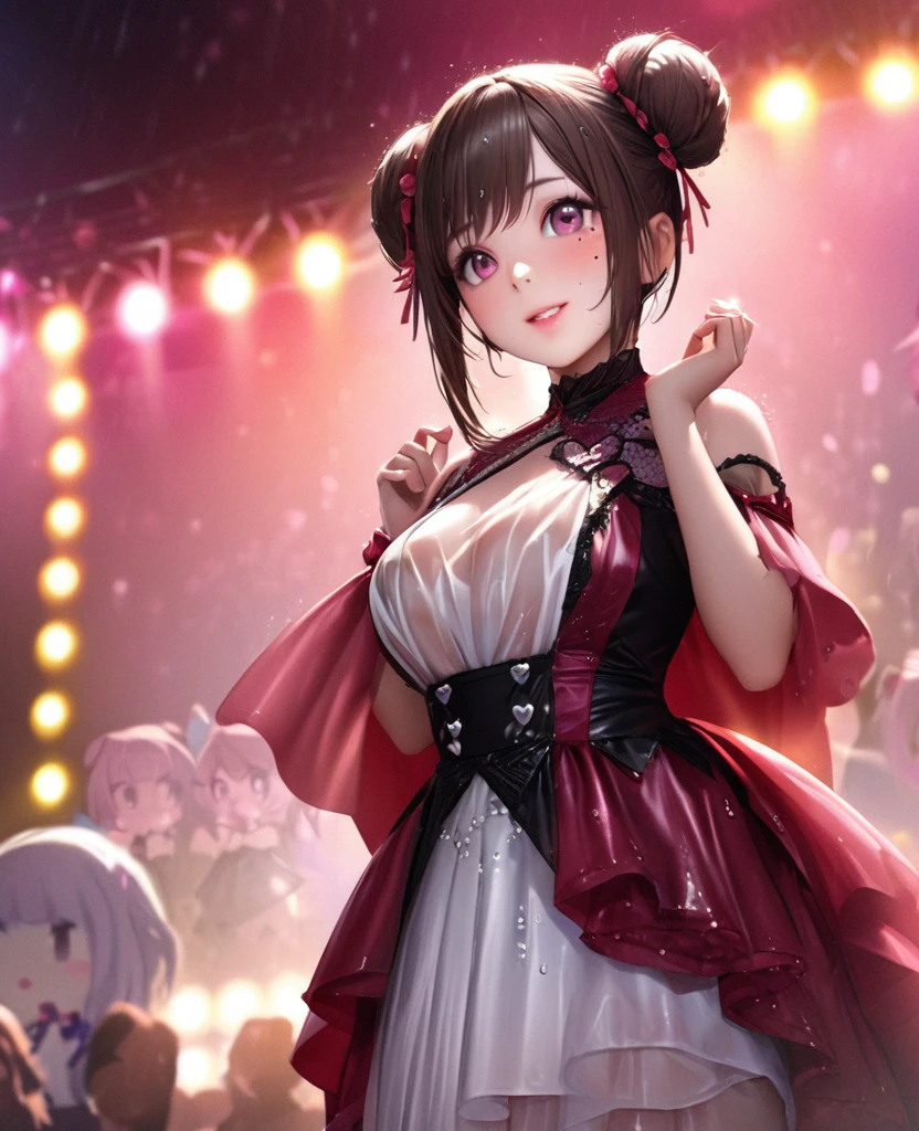 One Girl、Looking at the audience、lovely,
Beautiful pink eyes、Two brown double hair buns , Mole under the eye、Plump and glossy lips、Heart-shaped choca、Idol、Her name is May,smile、ー、。.。.。.。.。.。.。.。.。.。.。.。.。.。.。.。.。.。.3D、Realistic、
The idol's costume was soaked in the heavy rain, and her chest was wet and transparent.Heavy rain at outdoor concert, Drape clothes、gem、The decoration has been removed、Floral、Lace trim,On a glittering stage、
masterpiece、highest quality、8k、Detailed skin texture、Detailed cloth texture、Beautifully detailed face、Intricate details、Very detailed、
超A high resolution、8k Ultra HD、Film Grain、Best Shadow、delicate、Gazing at the audience、front