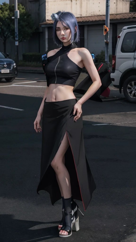 1girl,solo,konan \(naruto\),akatsuki outfit,narrow waist,looking at viewer,masterpiece,best quality,absurdres,highly detailed,photo realistic,best shadow,dramatic lighting,depth of field,outdoors, hands on hip, crop top, bare shoulder, black skirt, full body, standing, ilde