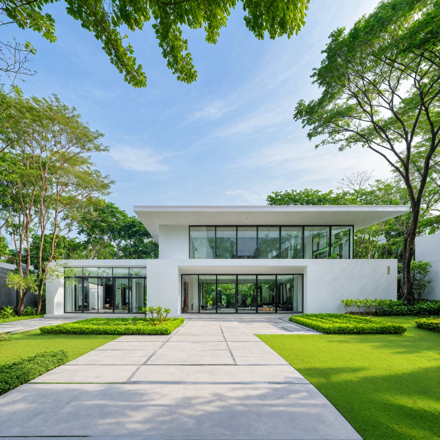 A modern minimalist style single-story villa with a flat roof, white walls and glass windows in Vietnam is surrounded by green lawns, ((road)), ((sidewalk)), ((sidewalk trees)), The overall architectural design features clean lines and simplicity, creating an elegant atmosphere. Use professional photography techniques to capture details and highlight the unique architecture of contemporary luxury houses in the style of minimalism