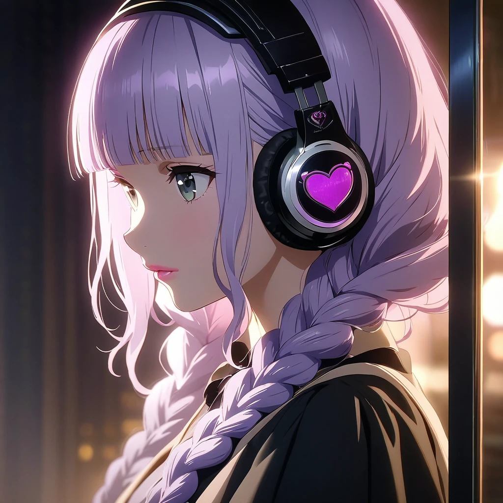 (girl:1.5), (masterpiece:1.3), Anime Visual, (girlはセーラー服を着ています, Headphones:1.3 ), (Love love:1.5), (Tilt your head:1.3), Very delicate face, Soft Clean Focus, Realistic lighting and shading, (Very delicate and beautiful art:1.3), elegant, (Calm colors:1.1),(Light purple hair,Two wavy braids,Blunt bangs,Green and black eyes.Pink Lips:1.4),thin,night lighting,Glasses,Emotional touch,Looking out the window,coffee