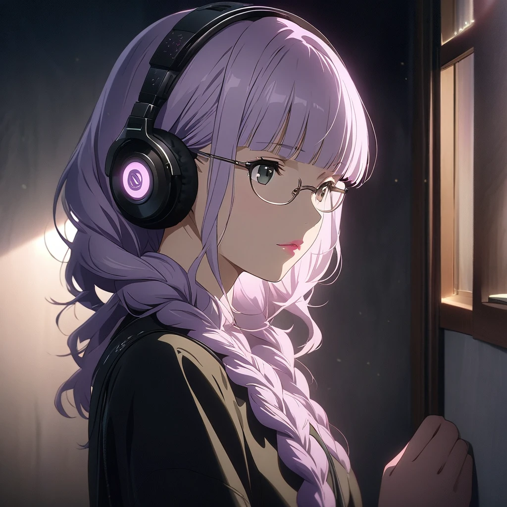 (girl:1.5), (masterpiece:1.3), Anime Visual, (girlはセーラー服を着ています, Headphones:1.3 ), (Love love:1.5), (Tilt your head:1.3), Very delicate face, Soft Clean Focus, Realistic lighting and shading, (Very delicate and beautiful art:1.3), elegant, (Calm colors:1.1),(Light purple hair,Two wavy braids,Blunt bangs,Green and black eyes.Pink Lips:1.4),thin,night lighting,Glasses,Emotional touch,Looking out the window,coffee