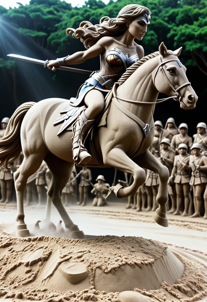 Sand sculpture style, Wonder Woman Crosses the Battlefield,Shining Metal Wristband,Galloping War Horse,Strong feeling。