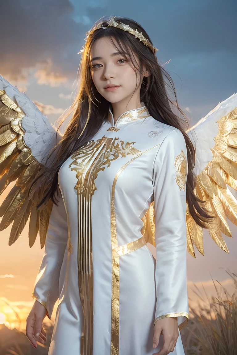 ((masterpiece, best quality, extremely detailed), volumetric lighting, ambient occlusion, colorful, glowing),
1girl, solo, young girl, (dark hair), long hair, halo, aura, sacred, goddess, cleric suit, (white outfit with gold detailst:1.3), angel wings,
outdoors, sunset, sky, clouds, space, (fantasy theme:1.2),